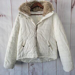 Aeropostale Y2K Hooded Puffer Jacket w/ Faux Fur Trim, White, Full Zip Closure